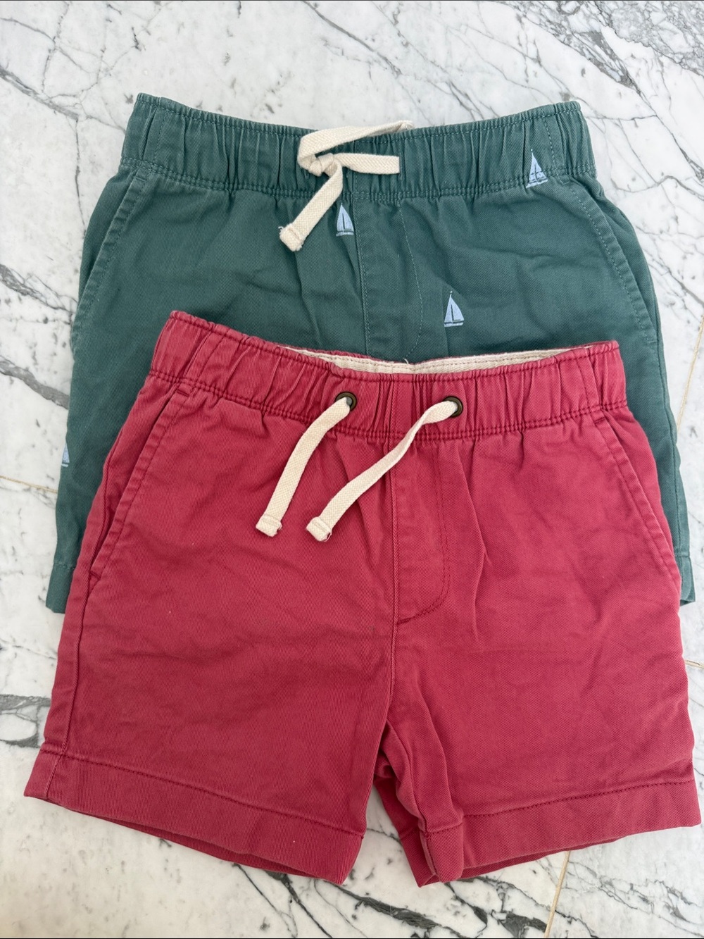 Kids Cotton Drawstring Shorts - Red and Green two pairs